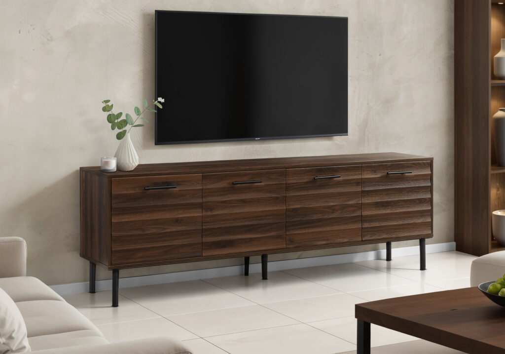 Tv Stand, 72 Inch, Console, Media Entertainment Center, Storage Cabinet, Brown Laminate, Black Metal, Transitional