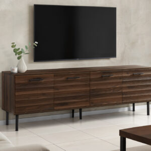 Tv Stand, 72 Inch, Console, Media Entertainment Center, Storage Cabinet, Brown Laminate, Black Metal, Transitional