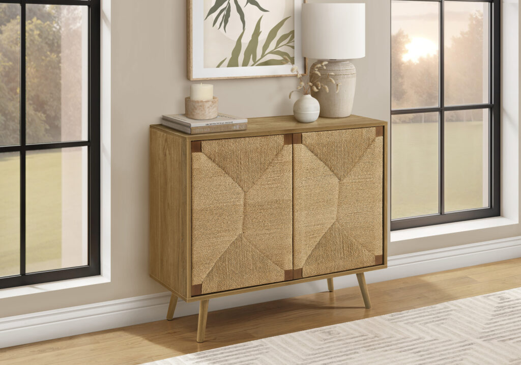 Accent Chest, 36″ Wide, 2 Door Cabinet, Storage, Decorative, Light Walnut Laminate, Seagrass-look, Mid Century
