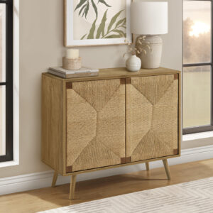 Accent Chest, 36" Wide, 2 Door Cabinet, Storage, Decorative, Light Walnut Laminate, Seagrass-look, Mid Century