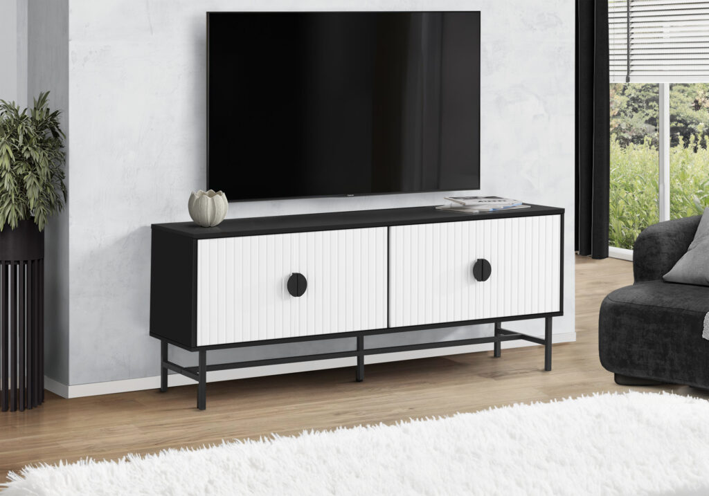 Tv Stand, 60 Inch, Console, Media Entertainment Center, Storage Cabinet, Living Room, Bedroom, Black And White Laminate, Black Metal, Contemporary, Modern