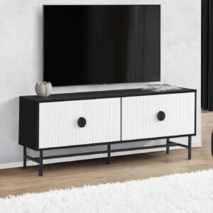 Tv Stand, 60 Inch, Console, Media Entertainment Center, Storage Cabinet, Living Room, Bedroom, Black And White Laminate, Black Metal, Contemporary, Modern