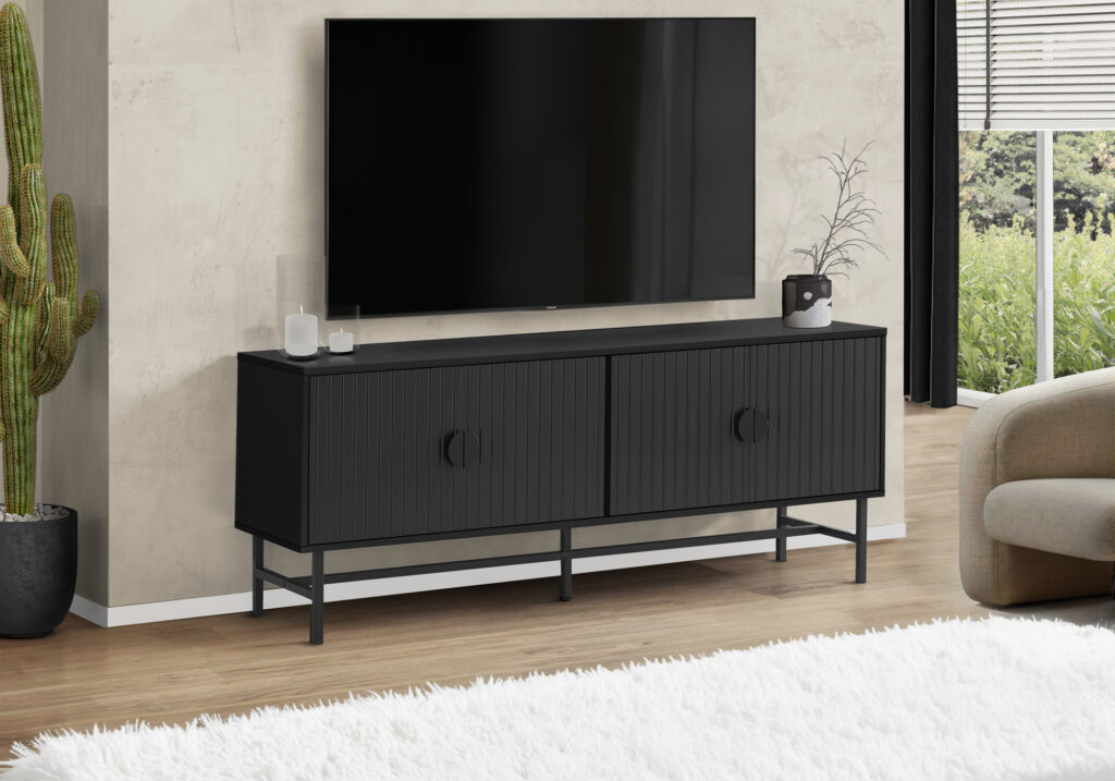 Tv Stand, 60 Inch, Console, Media Entertainment Center, Storage Cabinet, Living Room, Bedroom, Black Laminate, Black Metal, Contemporary, Modern