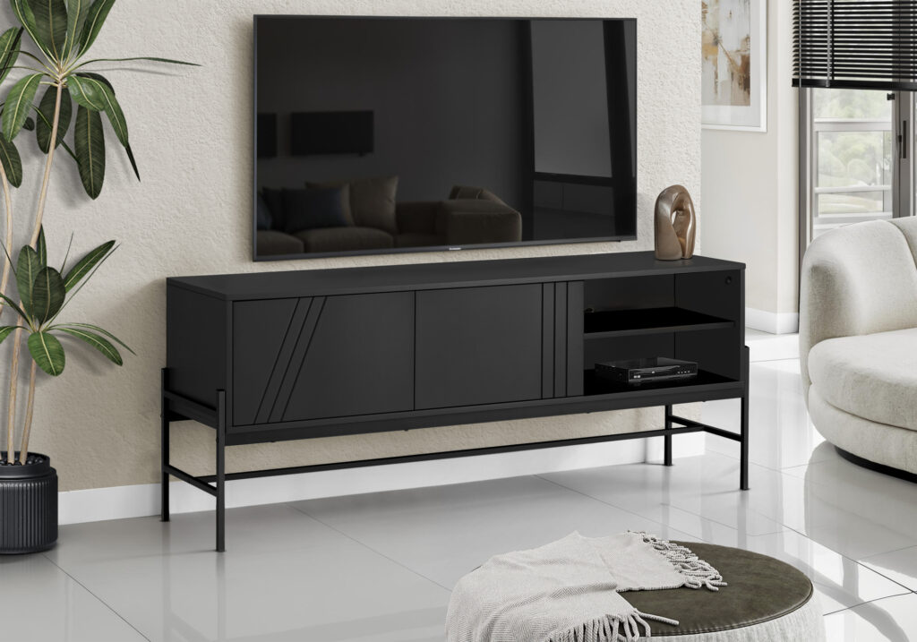 Tv Stand, 60 Inch, Console, Media Entertainment Center, Storage Cabinet, Living Room, Bedroom, Black Laminate, Black Metal, Contemporary, Modern