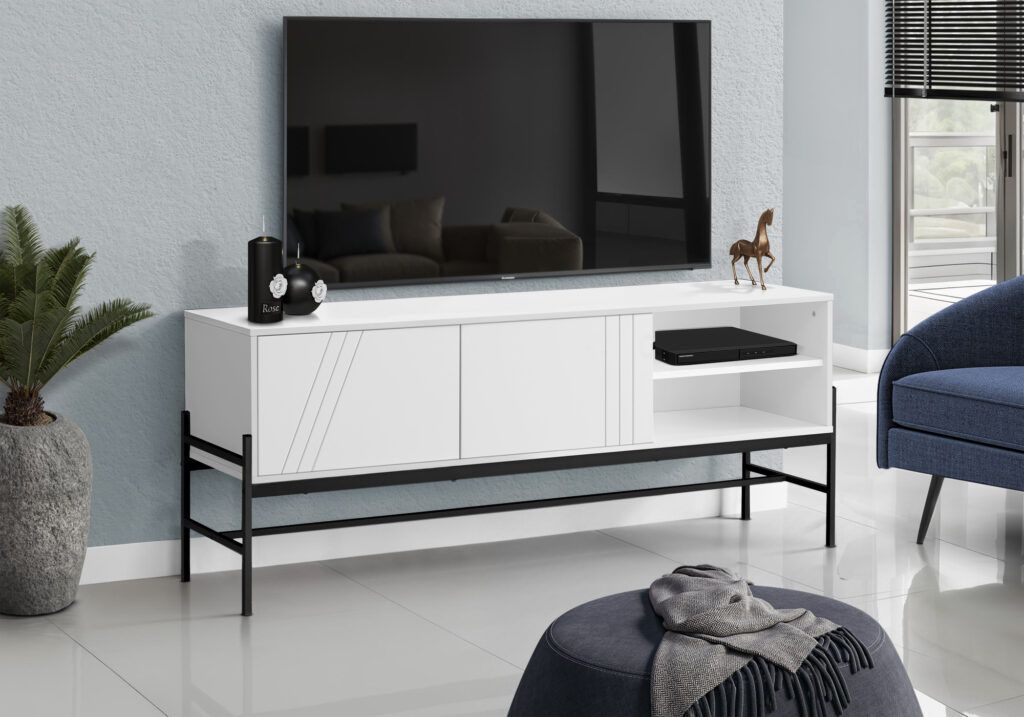 Tv Stand, 60 Inch, Console, Media Entertainment Center, Storage Cabinet, Living Room, Bedroom, White Laminate, Black Metal, Contemporary, Modern