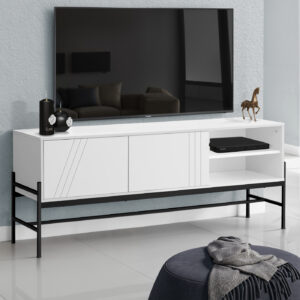 Tv Stand, 60 Inch, Console, Media Entertainment Center, Storage Cabinet, Living Room, Bedroom, White Laminate, Black Metal, Contemporary, Modern