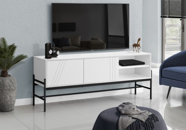 Tv Stand, 60 Inch, Console, Media Entertainment Center, Storage Cabinet, Living Room, Bedroom, White Laminate, Black Metal, Contemporary, Modern
