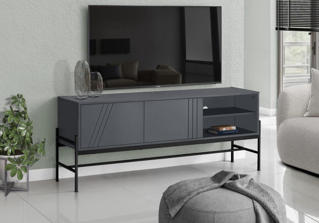 Tv Stand, 60 Inch, Console, Media Entertainment Center, Storage Cabinet, Living Room, Bedroom, Grey Laminate, Black Metal, Contemporary, Modern