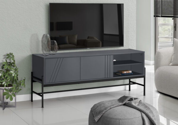 Tv Stand, 60 Inch, Console, Media Entertainment Center, Storage Cabinet, Living Room, Bedroom, Grey Laminate, Black Metal, Contemporary, Modern