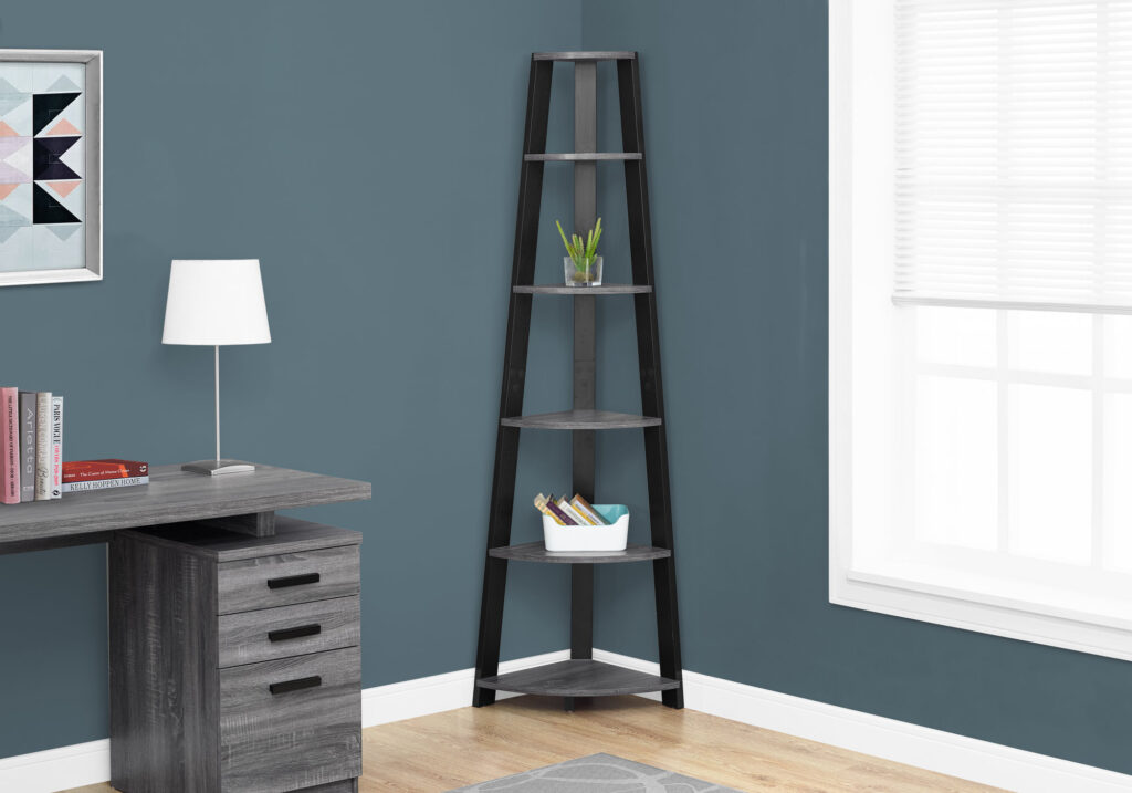 Bookshelf, Bookcase, Etagere, Corner, 5 Tier, 72″H, Office, Bedroom, Grey And Black Laminate, Contemporary, Modern