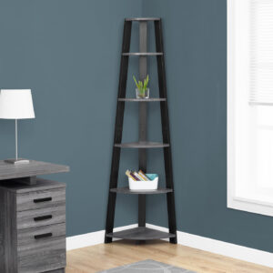 Bookshelf, Bookcase, Etagere, Corner, 5 Tier, 72"H, Office, Bedroom, Grey And Black Laminate, Contemporary, Modern