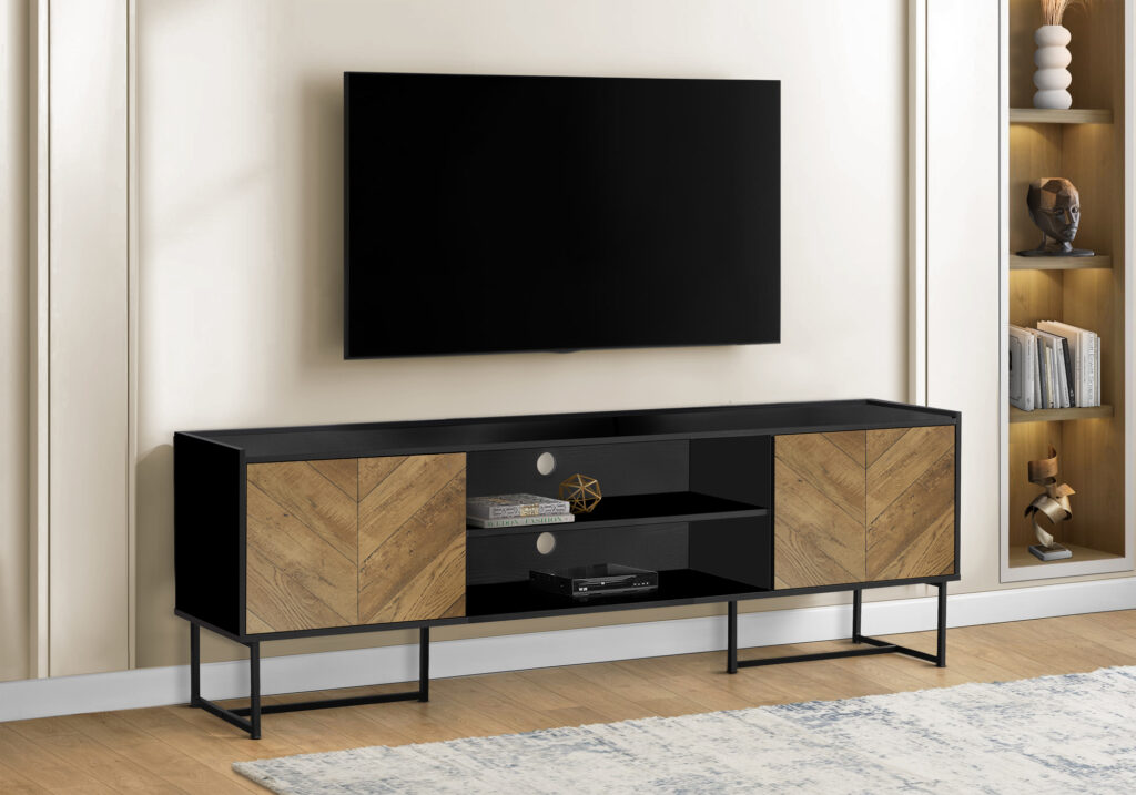 Tv Stand, 72 Inch, Console, Media Entertainment Center, Storage Cabinet, Living Room, Bedroom, Brown And Black Laminate, Black Metal, Contemporary, Modern