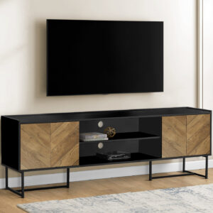 Tv Stand, 72 Inch, Console, Media Entertainment Center, Storage Cabinet, Living Room, Bedroom, Brown And Black Laminate, Black Metal, Contemporary, Modern