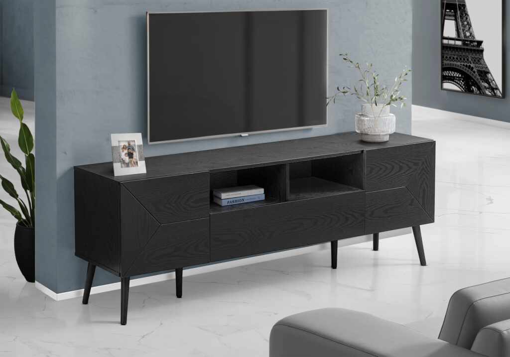 Tv Stand, 72 Inch, Console, Media Entertainment Center, Storage Drawer, Black Laminate, Mid Century, Modern