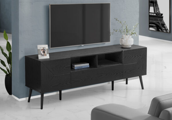 Tv Stand, 72 Inch, Console, Media Entertainment Center, Storage Drawer, Black Laminate, Mid Century, Modern