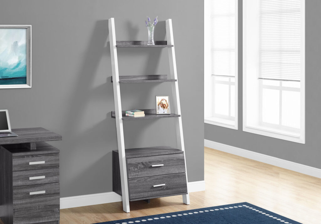 Bookshelf, Bookcase, Etagere, Ladder, 4 Tier, 69″H, Office, Bedroom, Grey And White Laminate, Contemporary, Modern