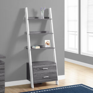 Bookshelf, Bookcase, Etagere, Ladder, 4 Tier, 69"H, Office, Bedroom, Grey And White Laminate, Contemporary, Modern