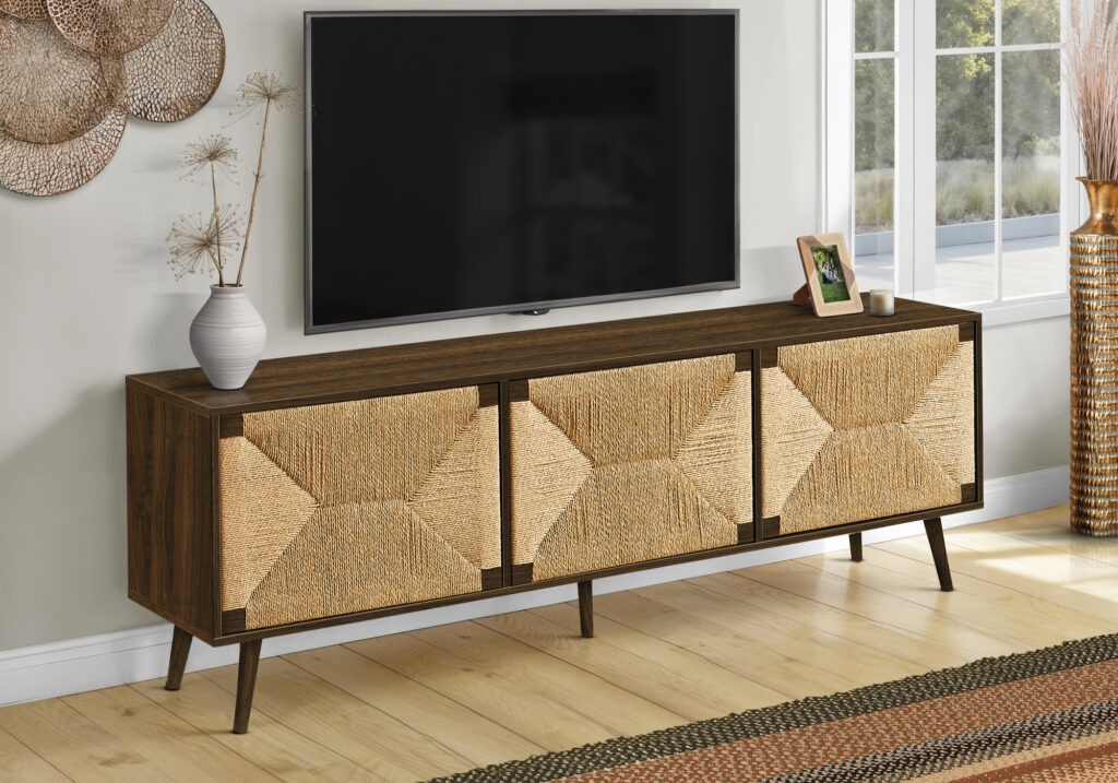 Tv Stand, 72 Inch, Media Entertainment Center, Storage Cabinet, Console, Brown Laminate, Seagrass-look, Mid Century, Modern