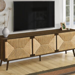 Tv Stand, 72 Inch, Media Entertainment Center, Storage Cabinet, Console, Brown Laminate, Seagrass-look, Mid Century, Modern
