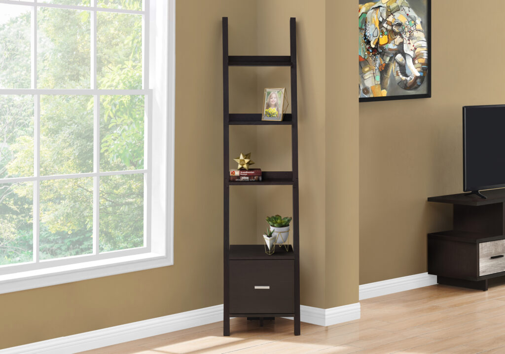Bookshelf, Bookcase, Etagere, Corner, Ladder, 69″H, Office, Bedroom, Brown Laminate, Contemporary, Modern