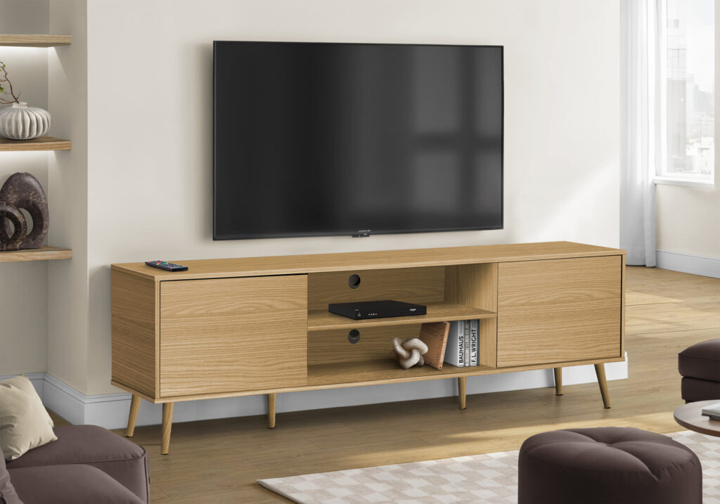Tv Stand, 72 Inch, Console, Media Entertainment Center, Storage Cabinet, Living Room, Bedroom, Natural Laminate, Wood Legs, Contemporary