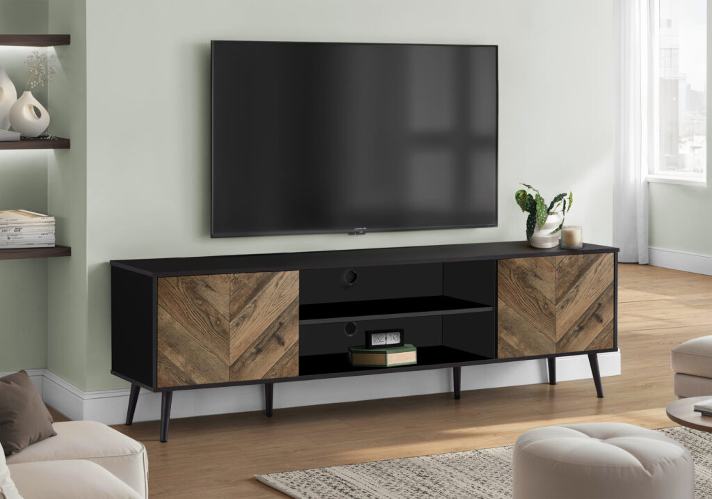 Tv Stand, 72 Inch, Console, Media Entertainment Center, Storage Cabinet, Living Room, Bedroom, Brown And Black Laminate, Black Wood Legs, Contemporary, Modern