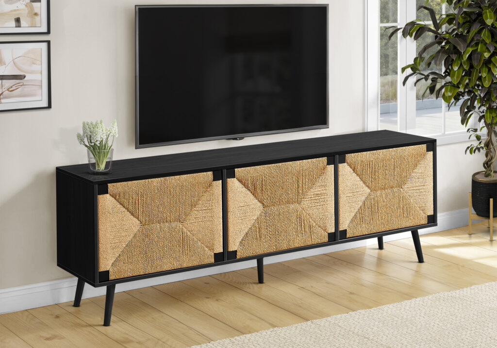 Tv Stand, 72 Inch, Media Entertainment Center, Storage Cabinet, Console, Black Laminate, Seagrass-look, Mid Century, Modern