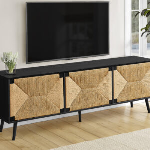 Tv Stand, 72 Inch, Media Entertainment Center, Storage Cabinet, Console, Black Laminate, Seagrass-look, Mid Century, Modern