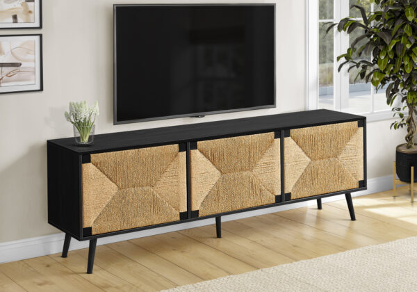 Tv Stand, 72 Inch, Media Entertainment Center, Storage Cabinet, Console, Black Laminate, Seagrass-look, Mid Century, Modern