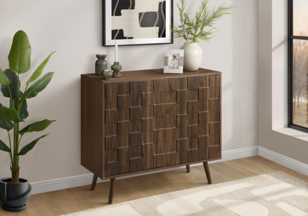 Accent Chest, 36″ Wide, 2 Door Cabinet, Storage, Decorative, Dark Walnut Laminate, Mid Century, Transitional