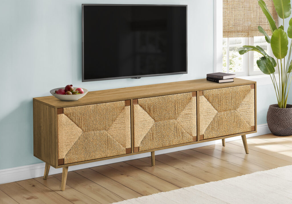 Tv Stand, 72 Inch, Media Entertainment Center, Storage Cabinet, Console, Walnut Laminate, Seagrass-look, Mid Century, Modern