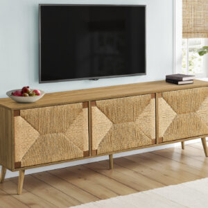 Tv Stand, 72 Inch, Media Entertainment Center, Storage Cabinet, Console, Walnut Laminate, Seagrass-look, Mid Century, Modern