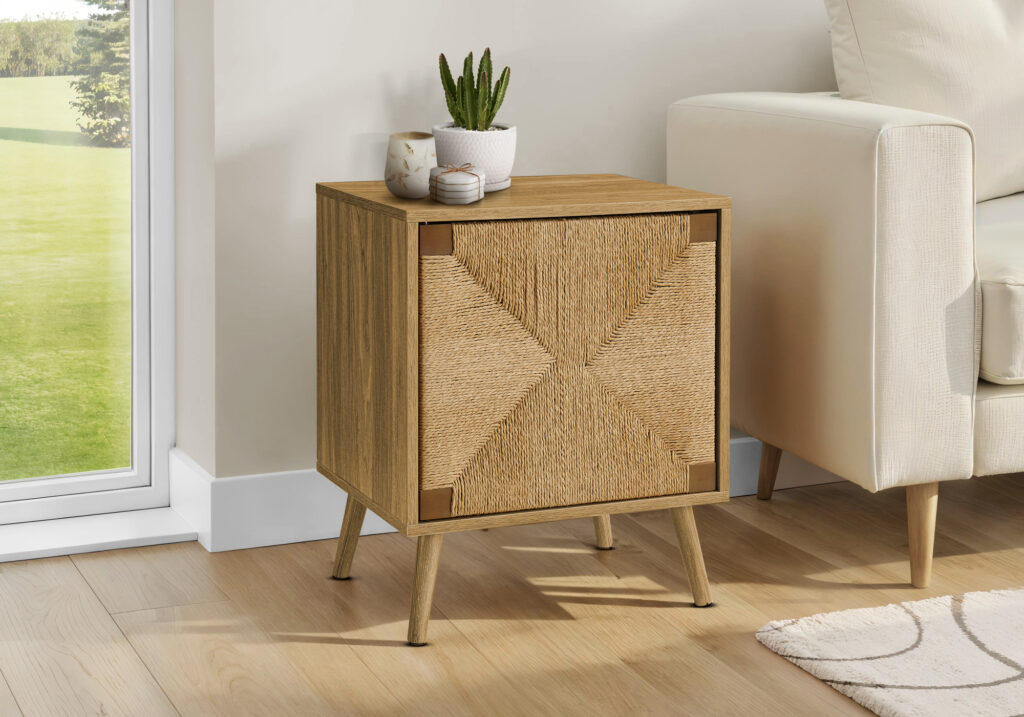 Accent Table, End, Storage, Small, Side, Living Room, Lamp, Light Walnut Laminate, Seagrass-look, Modern
