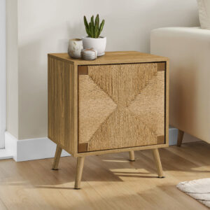 Accent Table, End, Storage, Small, Side, Living Room, Lamp, Light Walnut Laminate, Seagrass-look, Modern