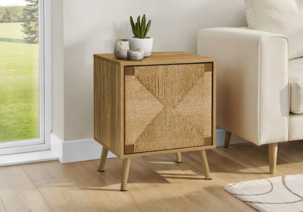 Accent Table, End, Storage, Small, Side, Living Room, Lamp, Light Walnut Laminate, Seagrass-look, Modern