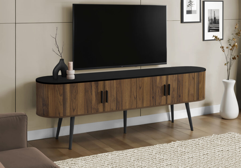 Tv Stand, 72 Inch, Console, Bedroom, Living Room, Media Entertainment Center, Storage Cabinet, Walnut Laminate, Black Laminate, Contemporary