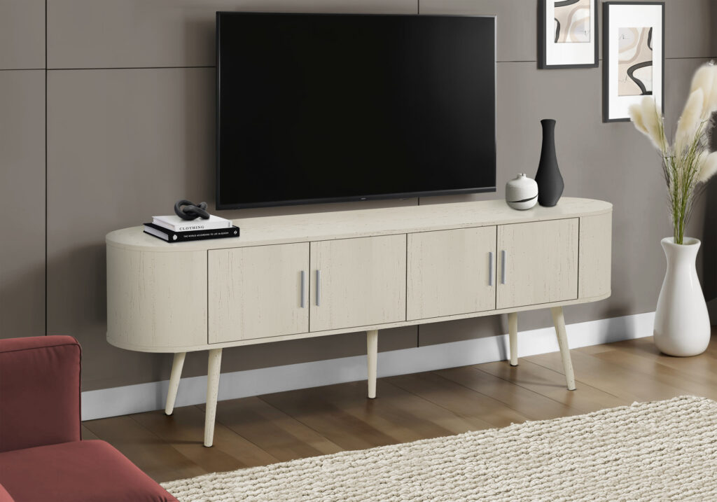 Tv Stand, 72 Inch, Console, Bedroom, Living Room, Media Entertainment Center, Storage Cabinet, Antique White Laminate, Contemporary, Mid Century
