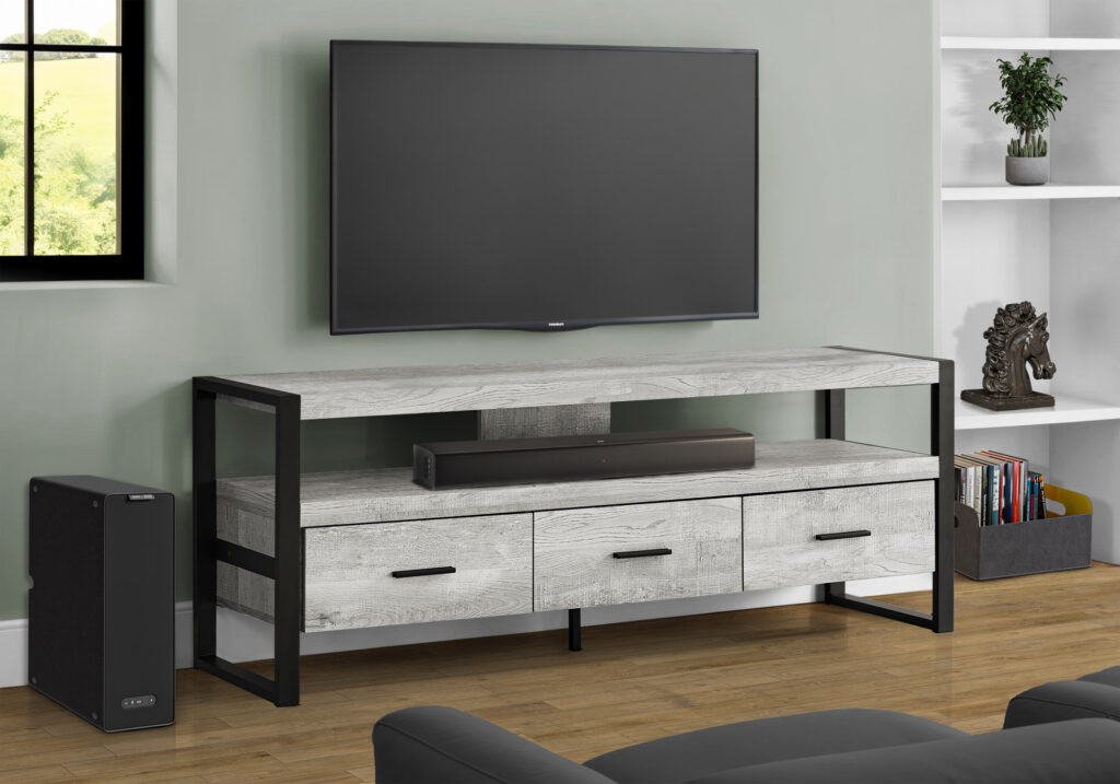Tv Stand, 60 Inch, Console, Media Entertainment Center, Storage Drawers, Living Room, Bedroom, Grey Laminate, Black Metal, Contemporary, Modern