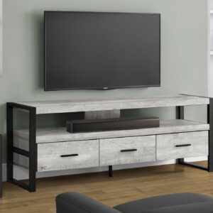 Tv Stand, 60 Inch, Console, Media Entertainment Center, Storage Drawers, Living Room, Bedroom, Grey Laminate, Black Metal, Contemporary, Modern