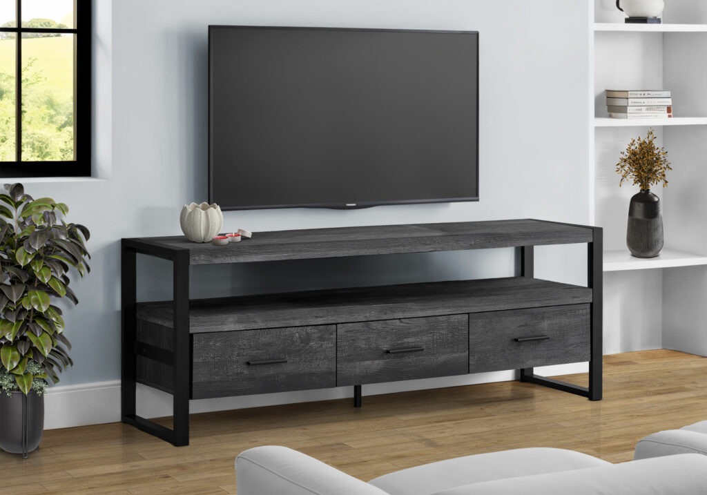 Tv Stand, 60 Inch, Console, Media Entertainment Center, Storage Drawers, Living Room, Bedroom, Black Laminate, Black Metal, Contemporary, Modern