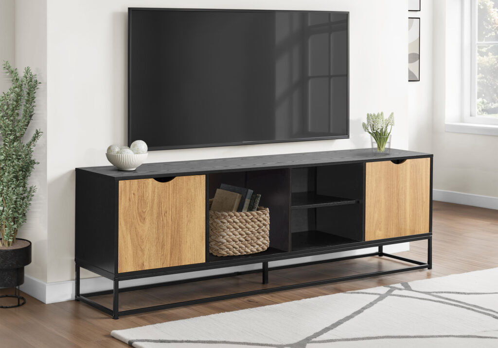 Tv Stand, 72 Inch, Console, Media Entertainment Center, Storage Cabinet, Living Room, Black Laminate, Black Metal, Modern, Contemporary
