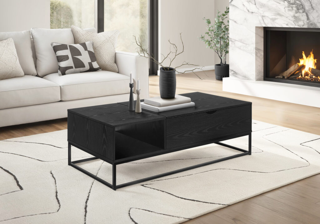 Coffee Table, 48″L, Cocktail, Lift-top, Rectangular, Storage, Living Room, Accent, Black Laminate, Black Metal, Contemporary, Modern