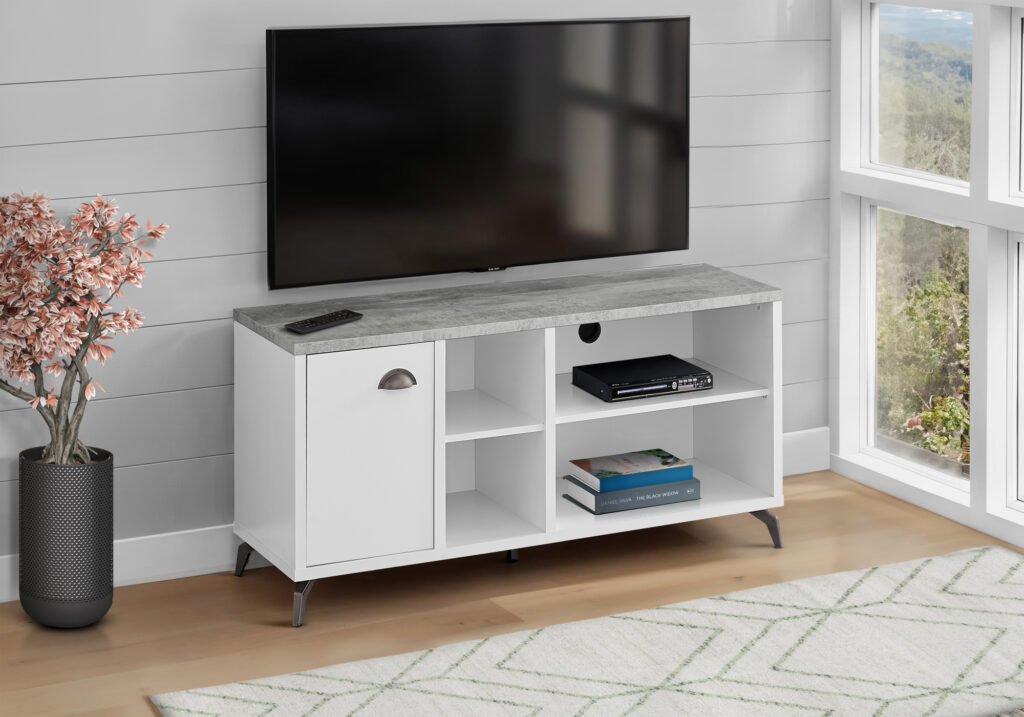 Tv Stand, 48 Inch, Console, Media Entertainment Center, Storage Cabinet, Living Room, Bedroom, White And Grey Laminate, Black Metal, Contemporary, Modern