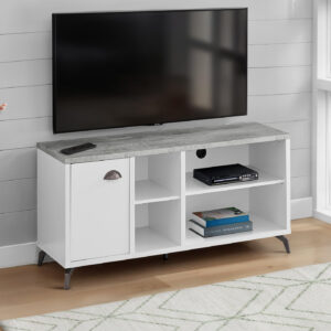 Tv Stand, 48 Inch, Console, Media Entertainment Center, Storage Cabinet, Living Room, Bedroom, White And Grey Laminate, Black Metal, Contemporary, Modern