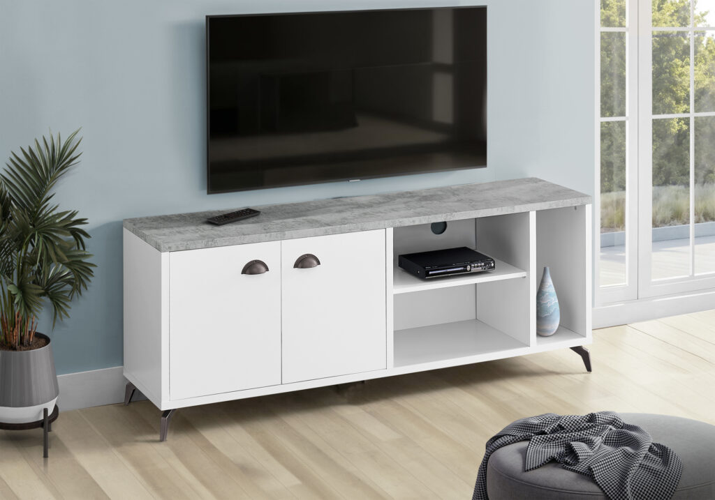 Tv Stand, 60 Inch, Console, Media Entertainment Center, Storage Cabinet, Living Room, Bedroom, White And Grey Laminate, Black Metal, Contemporary, Modern