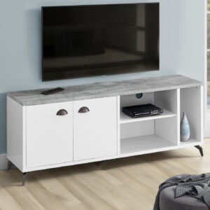 Tv Stand, 60 Inch, Console, Media Entertainment Center, Storage Cabinet, Living Room, Bedroom, White And Grey Laminate, Black Metal, Contemporary, Modern
