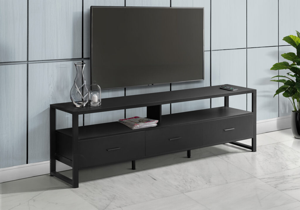 Tv Stand, 72 Inch, Media Entertainment Center, Storage Drawers, Black Laminate, Black Metal, Contemporary, Modern
