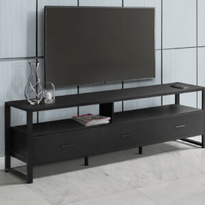 Tv Stand, 72 Inch, Media Entertainment Center, Storage Drawers, Black Laminate, Black Metal, Contemporary, Modern