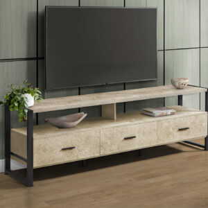 Tv Stand, 72 Inch, Media Entertainment Center, Storage Drawers, Cream Stone Laminate, Black Metal, Contemporary, Modern