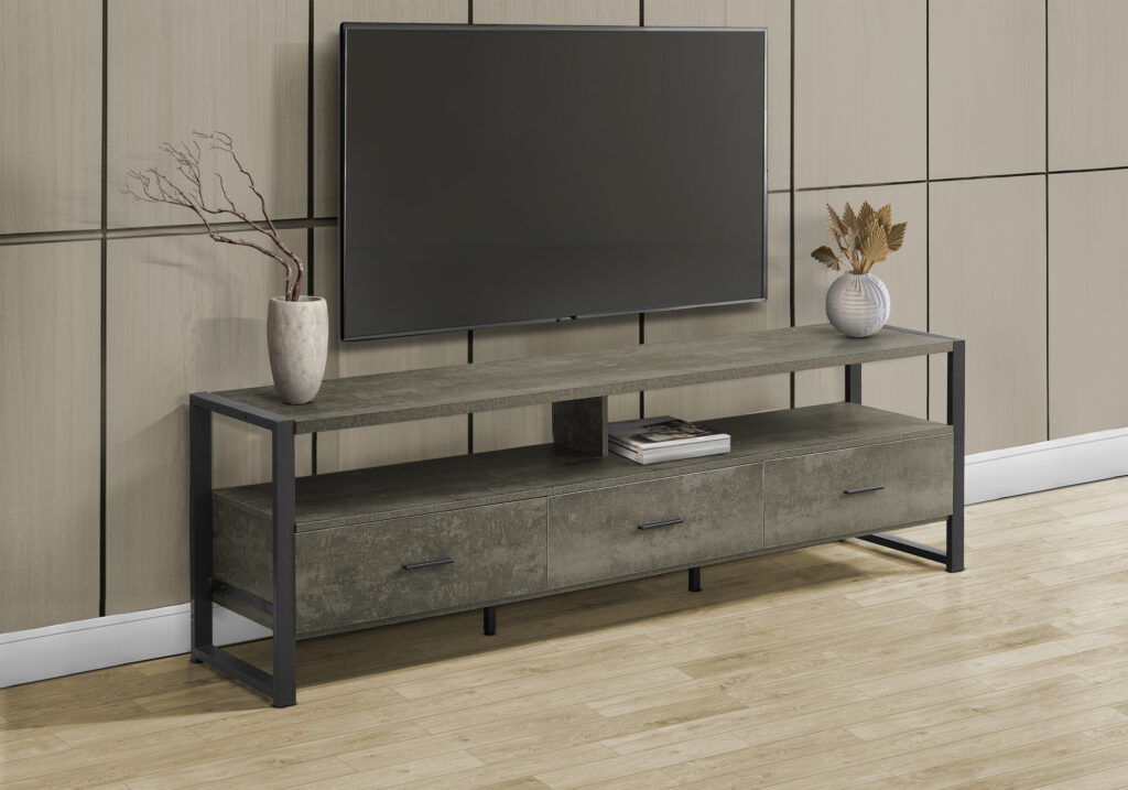 Tv Stand, 72 Inch, Media Entertainment Center, Storage Drawers, Dark Bronze Laminate, Black Metal, Contemporary, Modern
